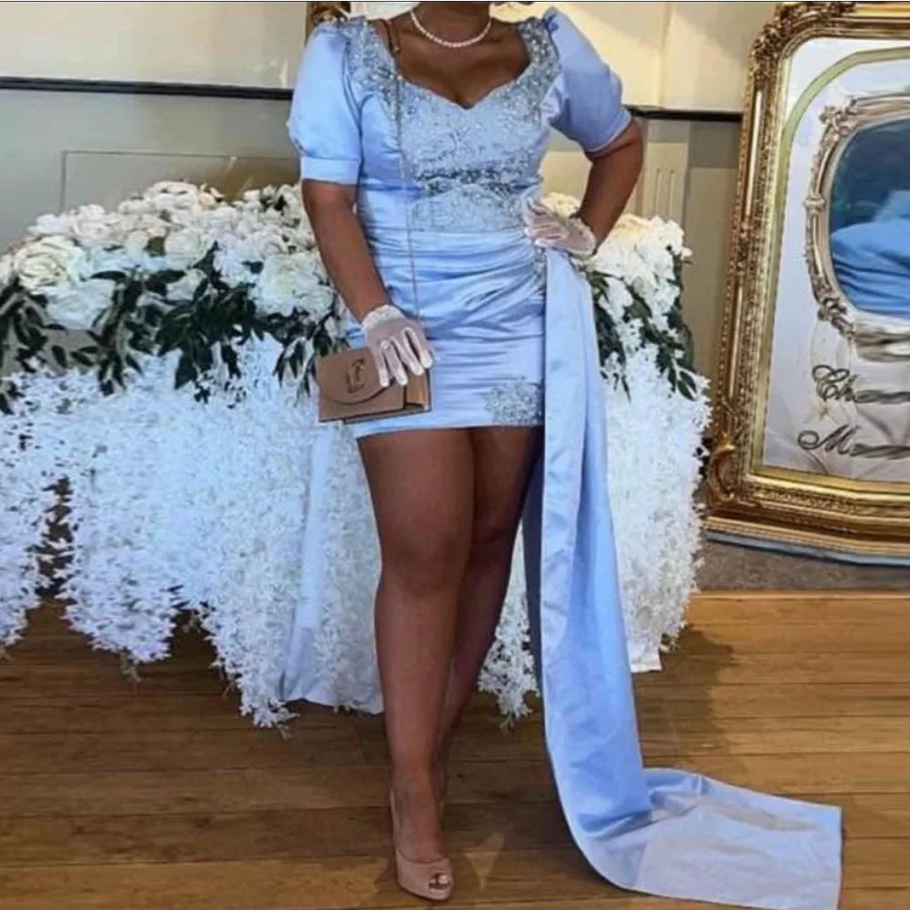 Mini Short Customized Cocktail Dress Sheath O Neck Cocktail Gown For Women Short Puff Sleeves Beading Prom Party Gown With Train