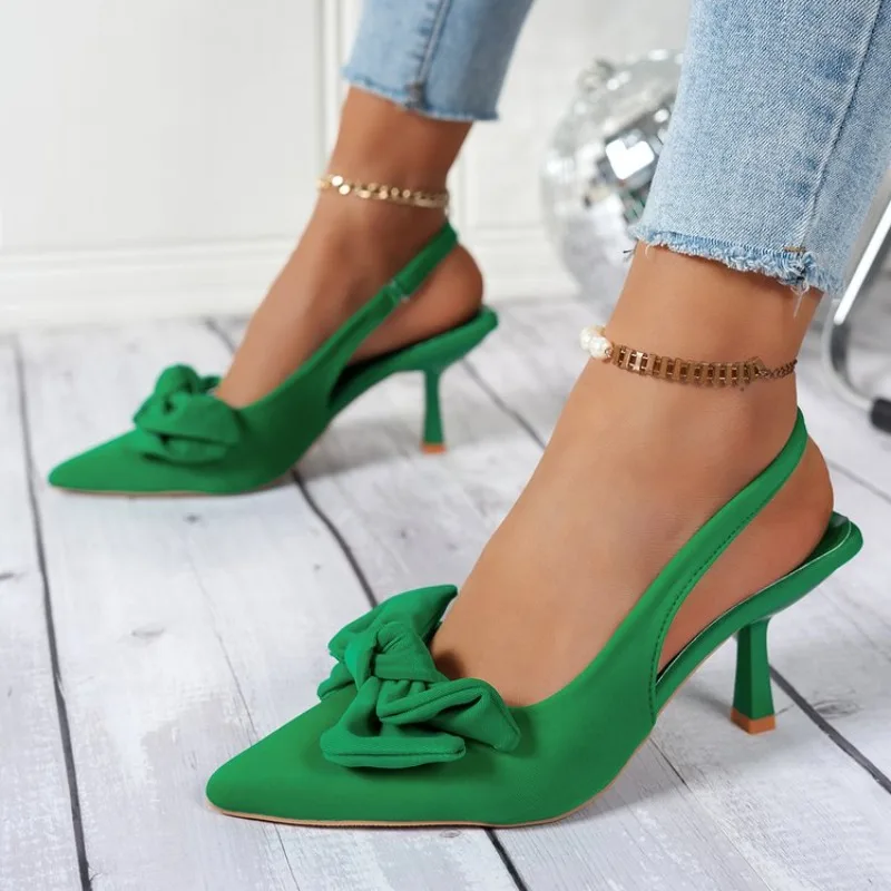 Women Sandals Sexy Pointed Toe Slip on Bow Casual Shoes Summer Luxury Brand High Heels Sandals Office High Heels Women Shoes