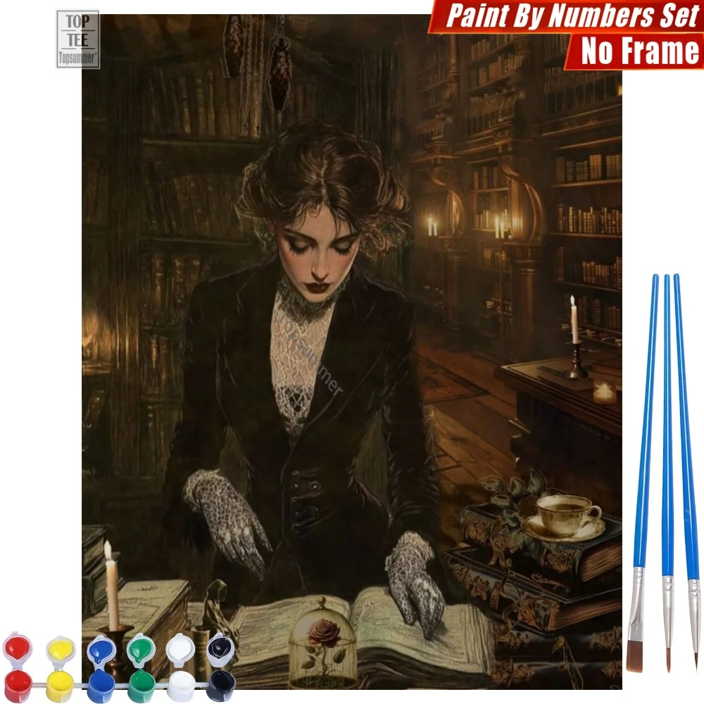 Gotische Frau im Bibliothek: Malen nach Zahlen Set – Geheimnisvolle Vintage-Lesewandkunst Deko Halloween Geschenk für Mama Image