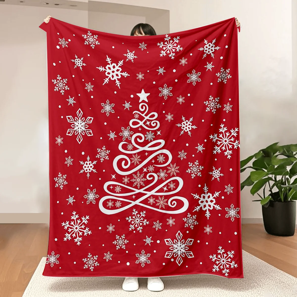 Weihnachtsbaum-Überwurfdecke aus rotem Flanell, Weihnachtsschneeflocken-Geburtstagsgeschenke für Männer und Frauen, weiche Winterdecken für die Bettwäsche Image