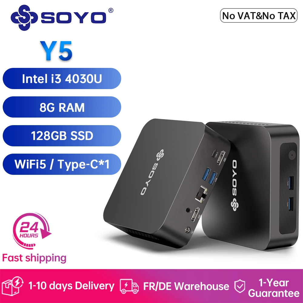 SOYO Y5 Mini-PC Intel i3 4030U 8G RAM 128GB SSD Mini-Computer Windows 11 Pro 4K Dual Display Desktop-Computer WiFi 5 Typ-C