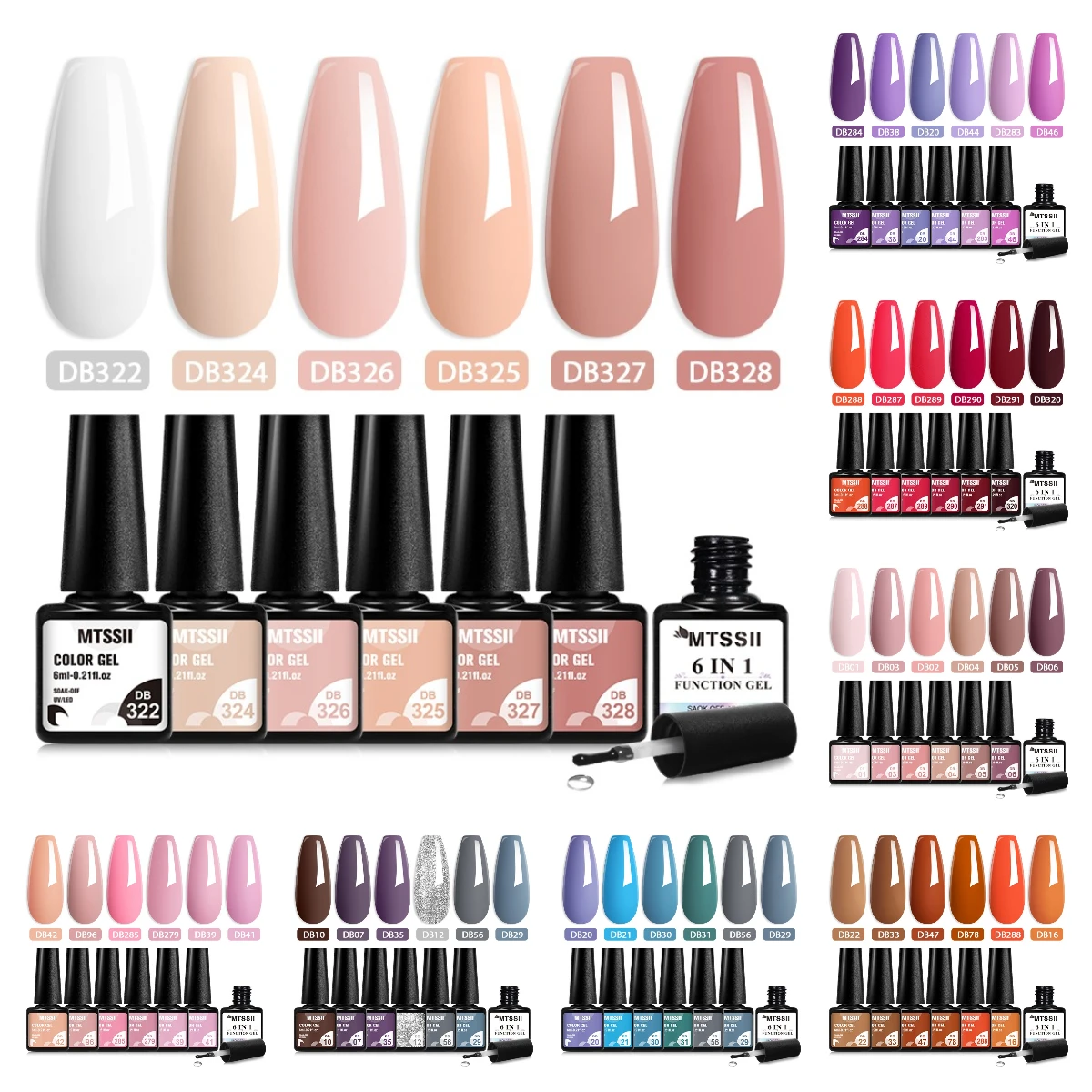 7-teiliges Gel-Nagellack-Set 6 Farben mit Basislack Rosa Nude Rot Leuchtende Farben Langanhaltend Abziehbar UV LED Nagelkunst Maniküre Image