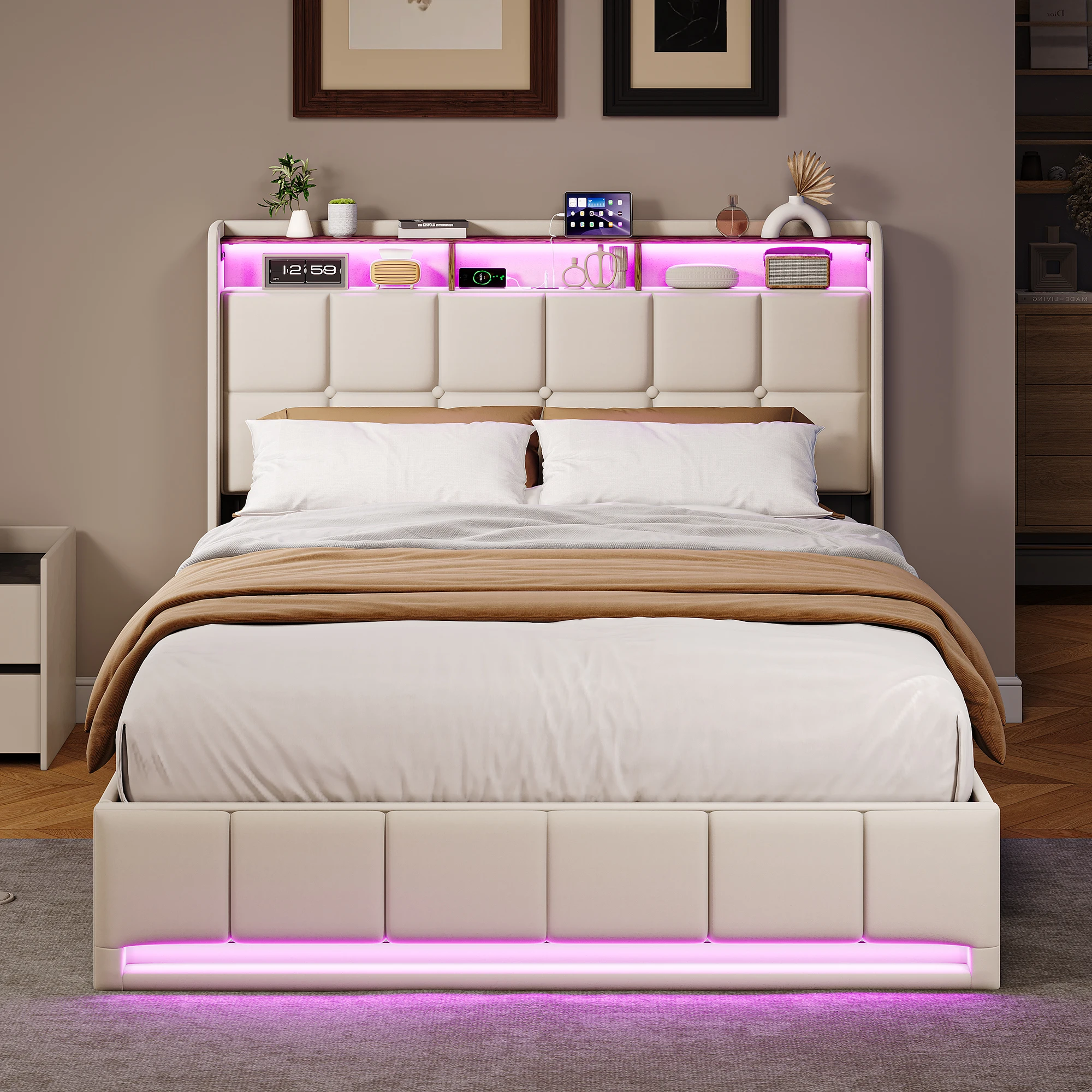 Anajqaqia 90/140/160×190/200 cm großes Kinderbett, Jugendbett, Doppelbett, Staufach, LED-Lampe, USB-Ladefunktion, modernes Leinenbett.