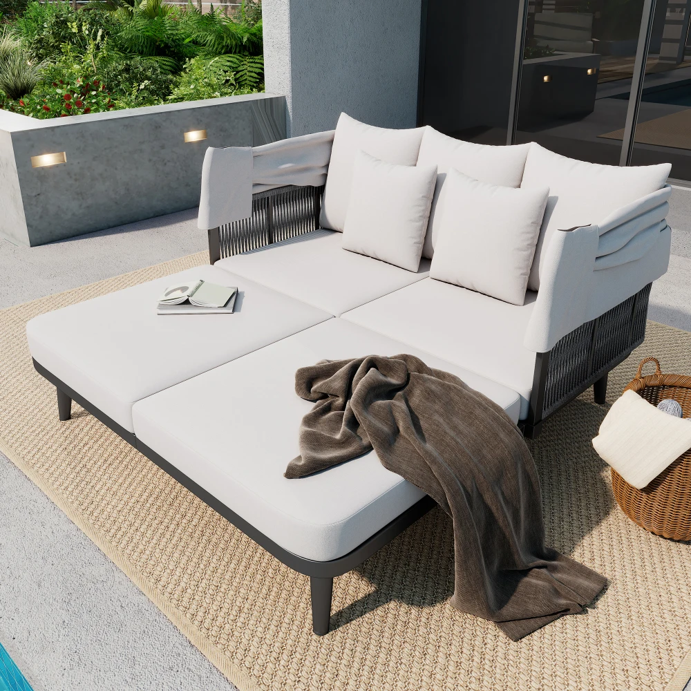 Gartenmöbel für 2 Personen, Strandkorb, Sonnenliege, Ausziehbare Markise, Verzinkter Stahlrahmen, Kissen, Handgewebtes Seil