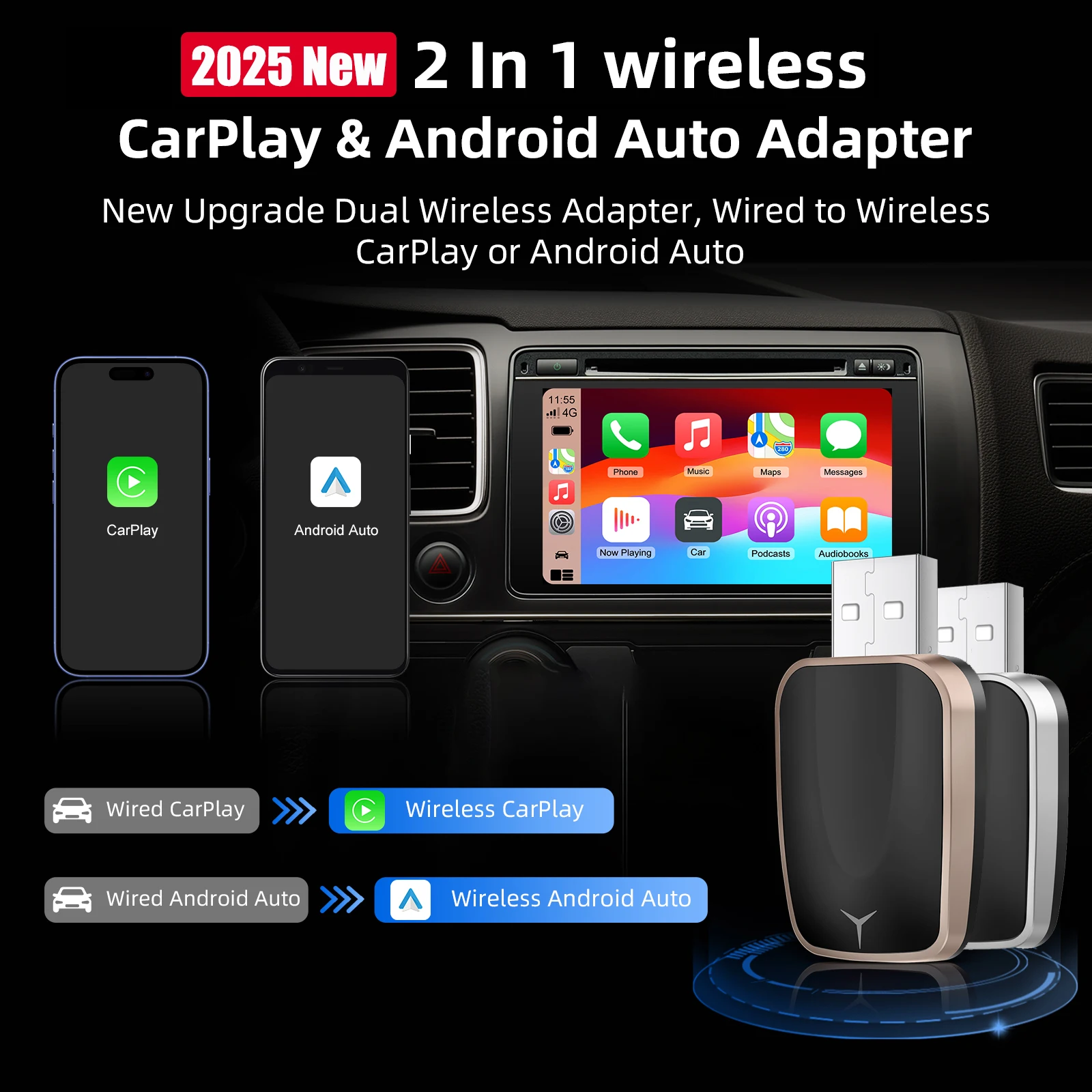 2026 Mini 2-in-1 Wireless Adapter für CarPlay & Android Auto in Einem, Plug & Play, 5G WiFi, Bluetooth, USB, Automatische Wiederverbindung, Beibehaltung der OEM-Steuerung Image