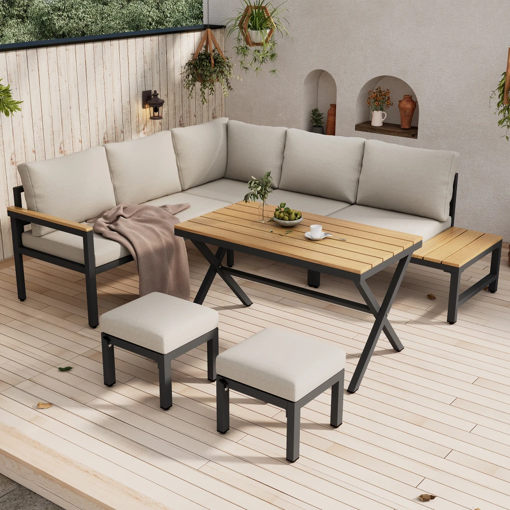 Garten-Loungesessel-Set, 4-teiliges Set. Ecksofa, 2 Hocker, Esstisch, Kunststoff-Holz-Arbeitsplatte mit Regalen, verzinkter Stahl Image
