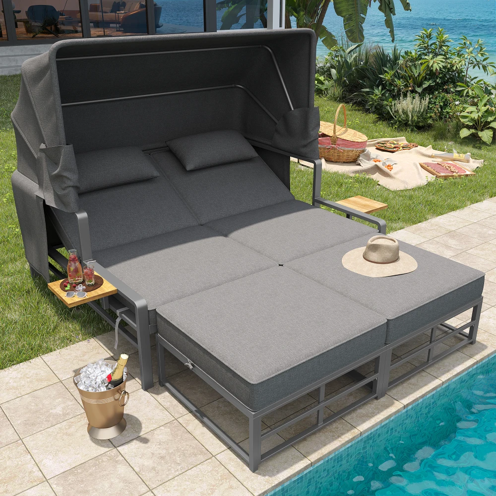 Garten-Lounge-Set für 2-4 Personen, Sonnenliegen-Set, für 2 Personen mit klappbarem Sonnendach, Outdoor-Sofa, für Terrasse, Balkon, Garten