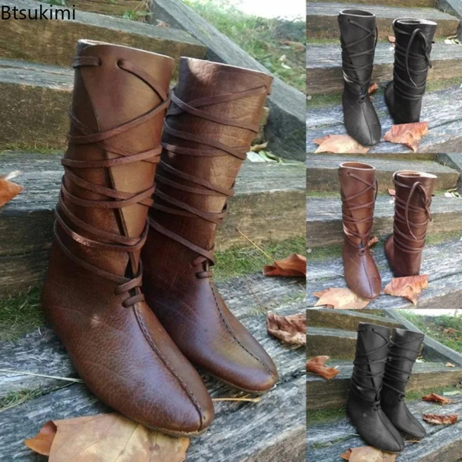 2026 Mittelalterliche Wikinger Cosplay Schuhe Renaissance Ritter Cosplay Schuhe Halloween Cosplay Schuhe PU-Leder Schnürstiefel für Herren