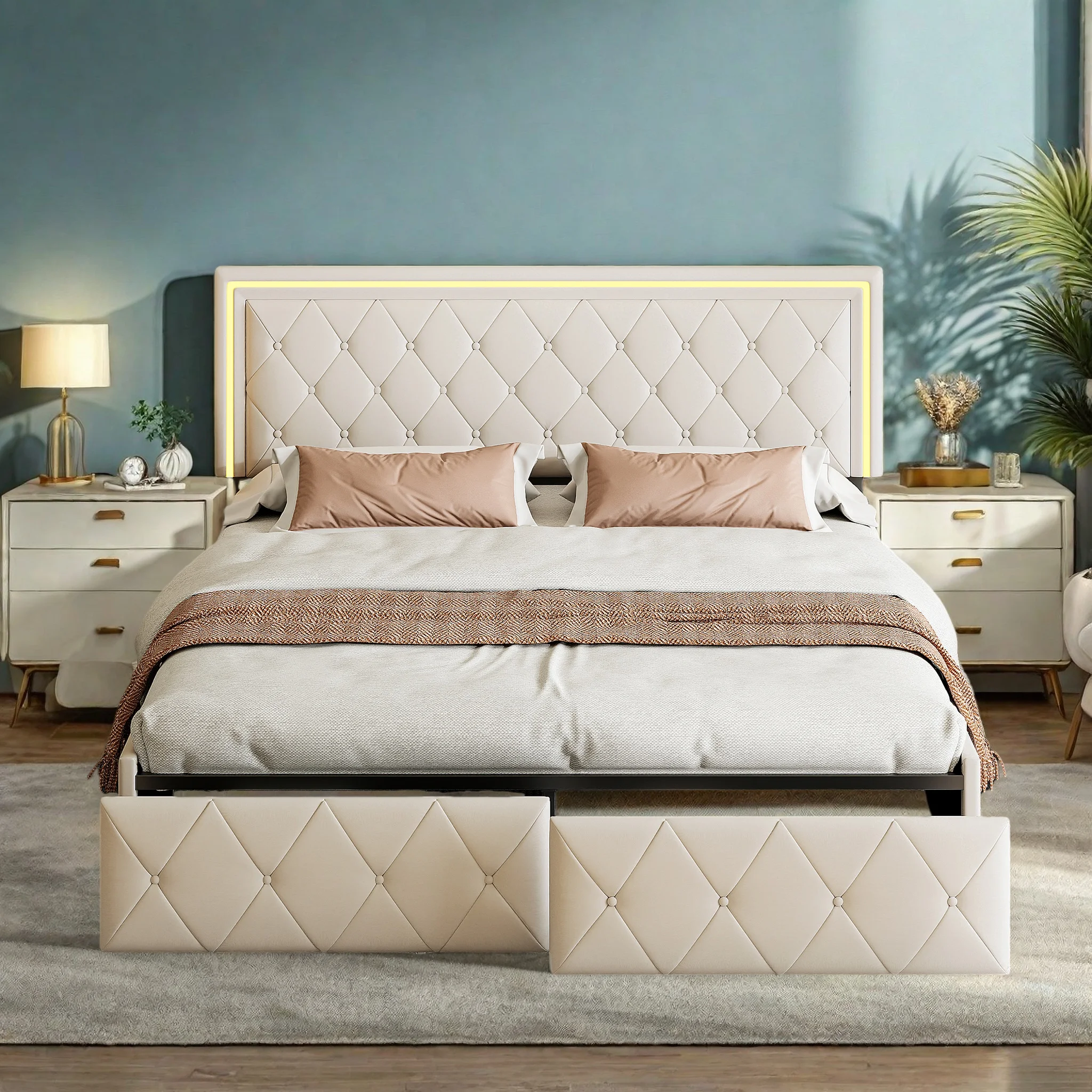 Anajqaqia Doppelbettgestell, Gepolstertes Bett mit Stauraum, 4 Schubladen, LED-Beleuchtung, UP-Stoff-Kopfteil Image