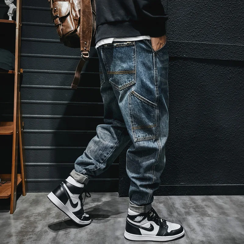 Mode Streetwear Männer Jeans Retro Blau Casual Denim Cargo Hosen Hombre Multi Taschen Hip Hop Lose Jeans Männer Breite Bein hosen