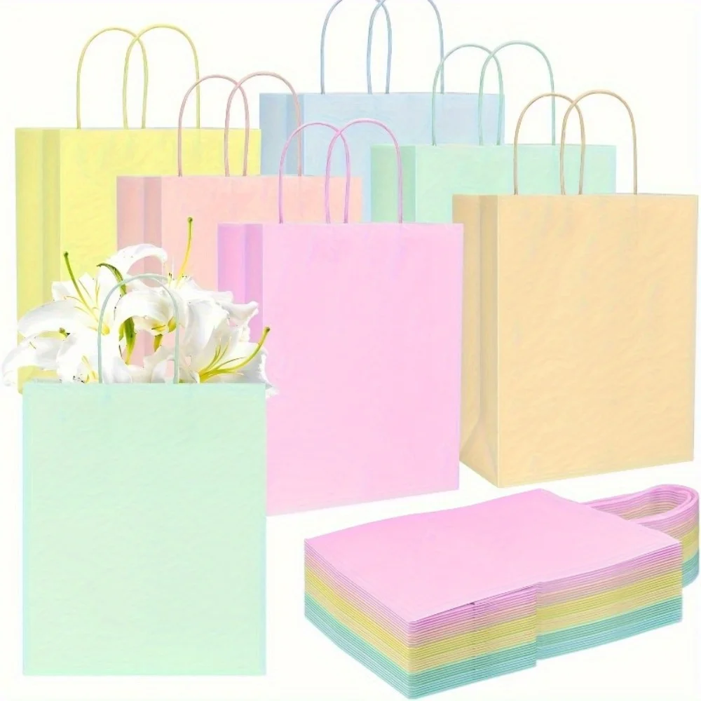 6/12/24 Stück Pastellfarbene Kraftpapier-Geschenktüten mit Griffen, Makronen-Farbene Partytüten für Geburtstag, Valentinstag, Ostern, Babyparty Image