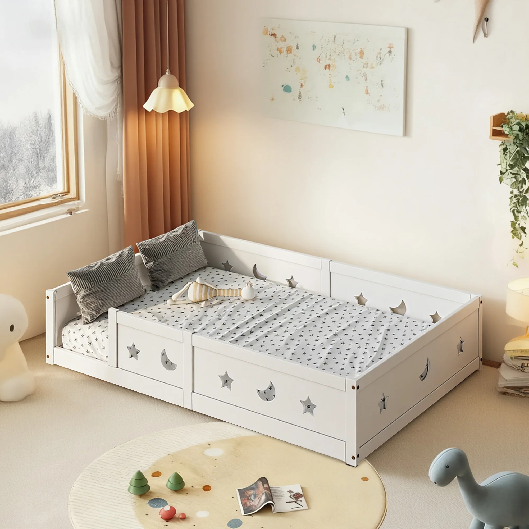 Bodenbett 90x200, Kinderbett aus Holz mit Rausfallschutz und Lattenrost, Montessori-Betten für Jungen und Mädchen, Holzbett für Kinder, Kleinkindbett, Einzelbett, Weiß Image