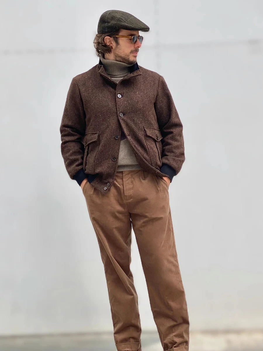 POT&CRAFTSMAN Herren Herbst & Winter A1 Pilot Freizeitjacke aus reiner Wolle Tweed Kurzer Stehkragen Vintage Tweed Jacke