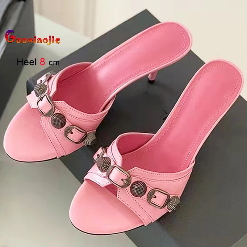 2025 Rosa High Heels 8 cm Frauen Schuhe Spike Heels Runde Kopf Damen Pumps Niet Gürtel Schnalle Hausschuhe Offene spitze sandalen Party Schuhe