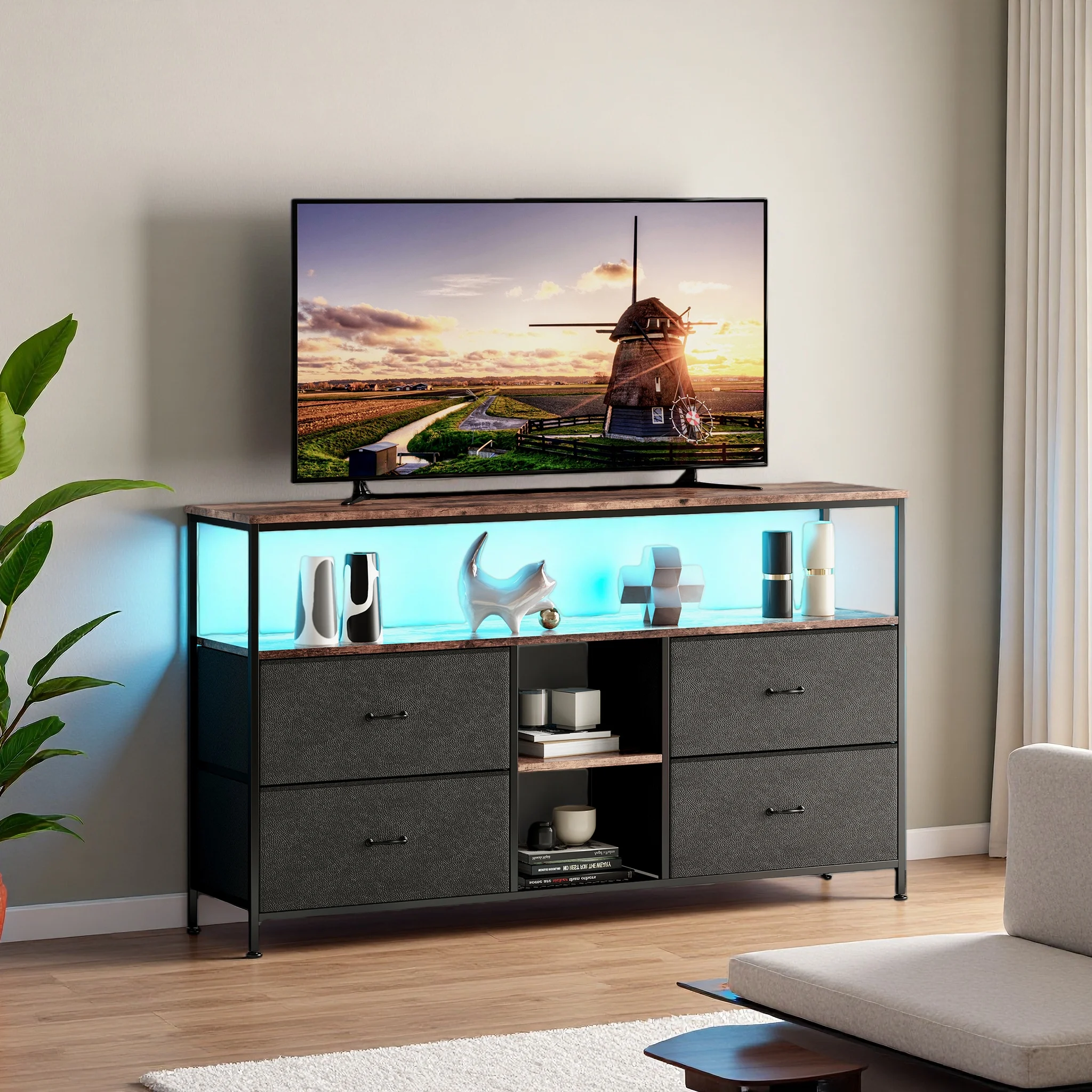 Superaly TV-Schrank mit Stauraum, LED-Lichtleiste, Lowboard für Fernseher mit 4 Stoffschubladen, TV-Board und TV-Tisch, 108cm Image