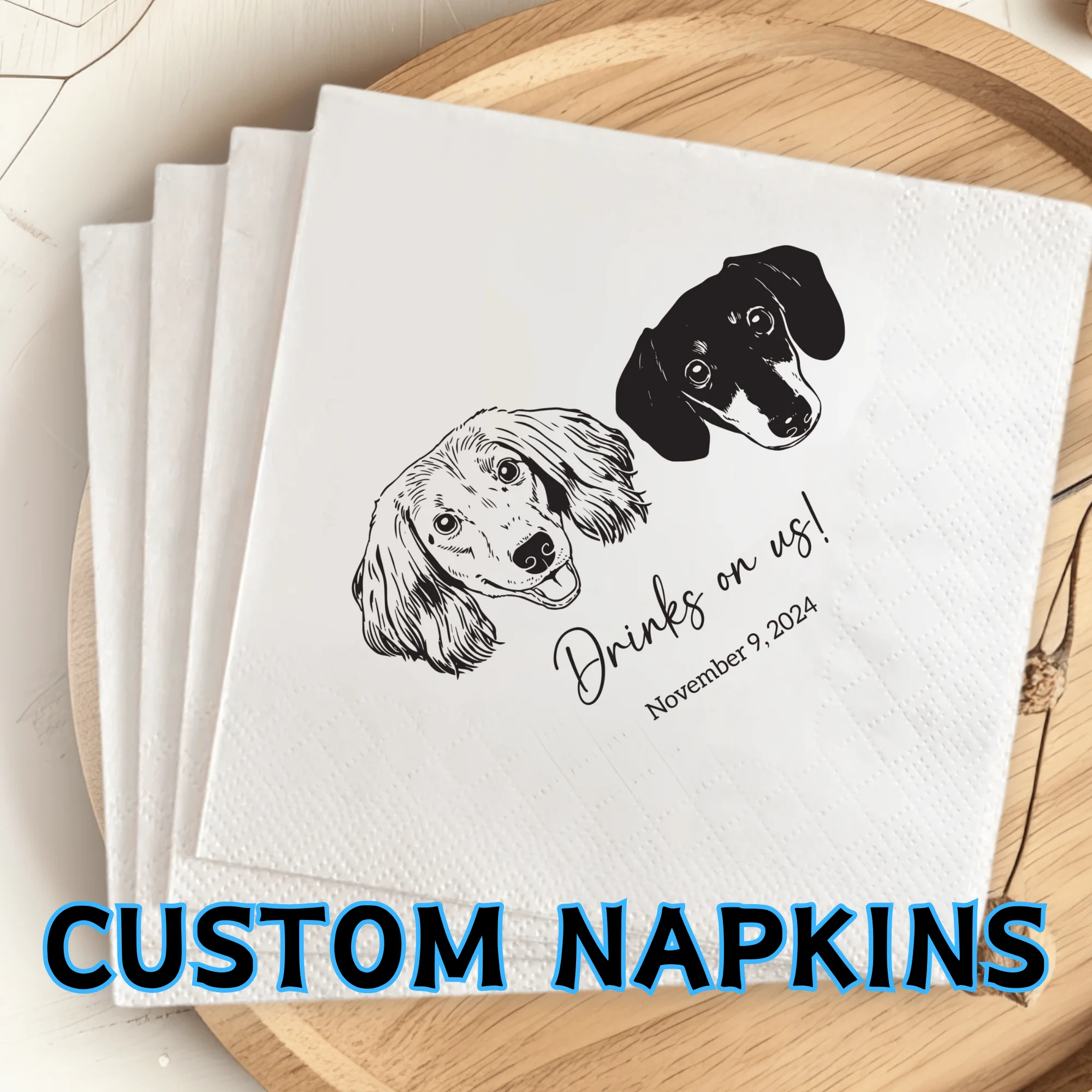 Benutzerdefinierte Papierservietten für die Hochzeit. Benutzerdefinierte Cocktail-Servietten. Einwegservietten für Cocktailpartys, Babypartys, Geburtstage, Junggesellinnenabschiede Image