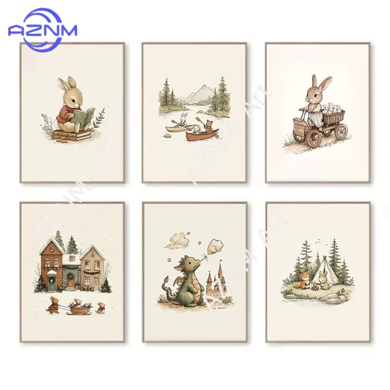 1/6 Stück Hasen-, Bären-, Dinosaurier- und Kaninchen-Motiv Kinderzimmer Märchen Cartoon Poster Leinwandbild Wandkunst Bilder Dekoration Image