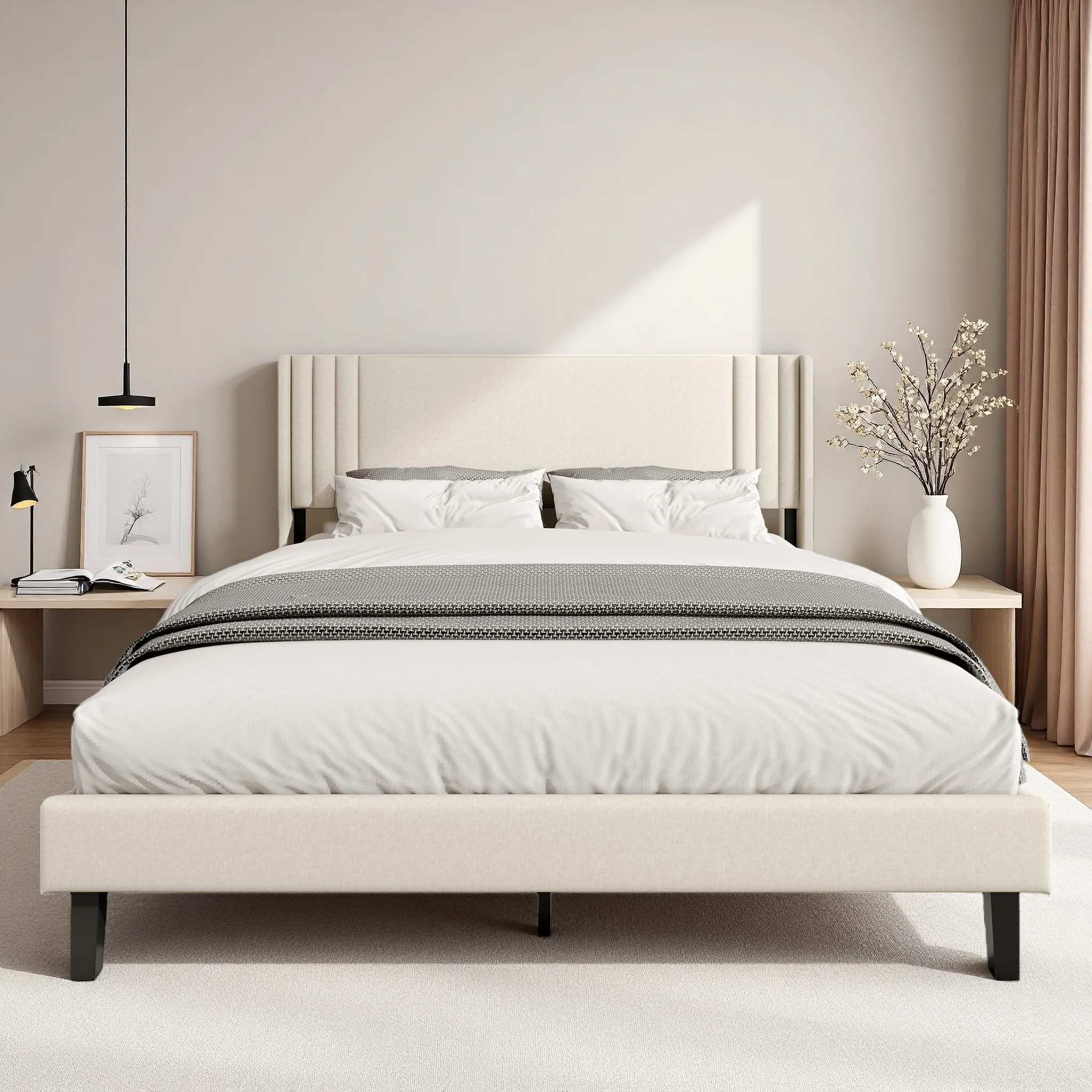 Comanlai Polsterbett mit Lattenrost - Robuster Holz- und Metallbettrahmen, Gepolstertes Doppelbett mit Kopfteil für Teenagerzimmer Image