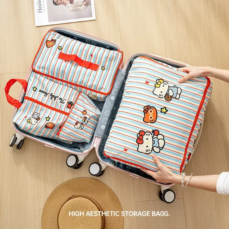 Anime Cartoon Reise-Aufbewahrungstaschen, Kawaii Hello Kitty Taschen, wasserdicht, gestreift, Koffer-Pack-Organizer für Kleidung, Unterwäsche, Schuhe