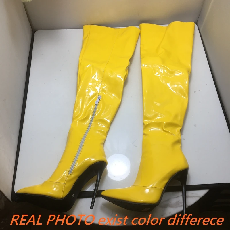 Girseaby Sexy Stiletto 12 cm High Heel Overknee Stiefel Leder Party Große Größe 45 46 47 48 US15 US16 US17 Schwarz Gelb Lila