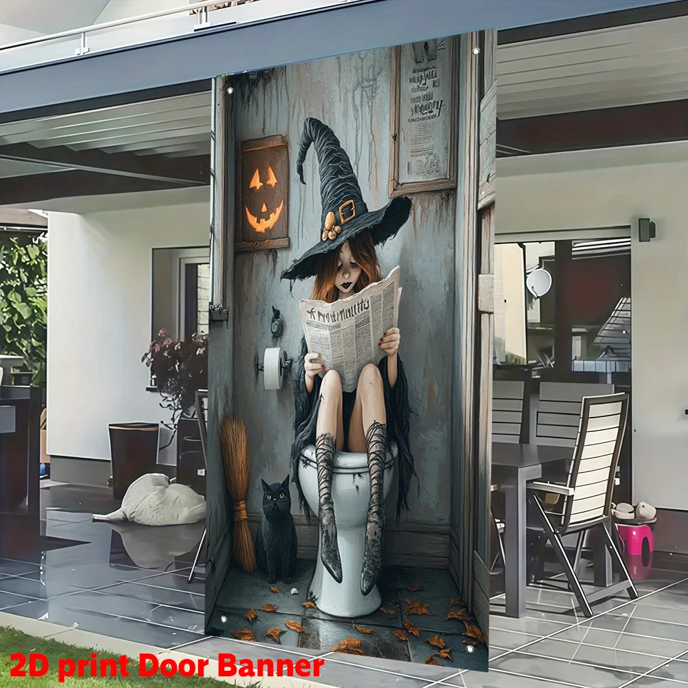 2D-Türbanner, 1 Stück BoboQ 2D Autumn Cat and Witch Toilettentürbanner – Polyester-Vorderveranda-Hintergrund Halloween Image