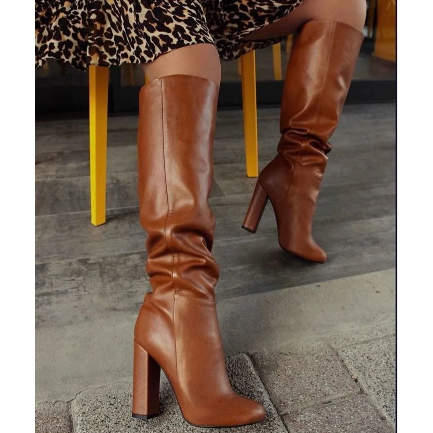 Braune, matte Lederstiefel, kniehoch, spitzer Zehenbereich, klobiger Absatz, modisch, sexy, für den Winter, lässig, große Größe, Damenschuhe, Zapatillas Mujer