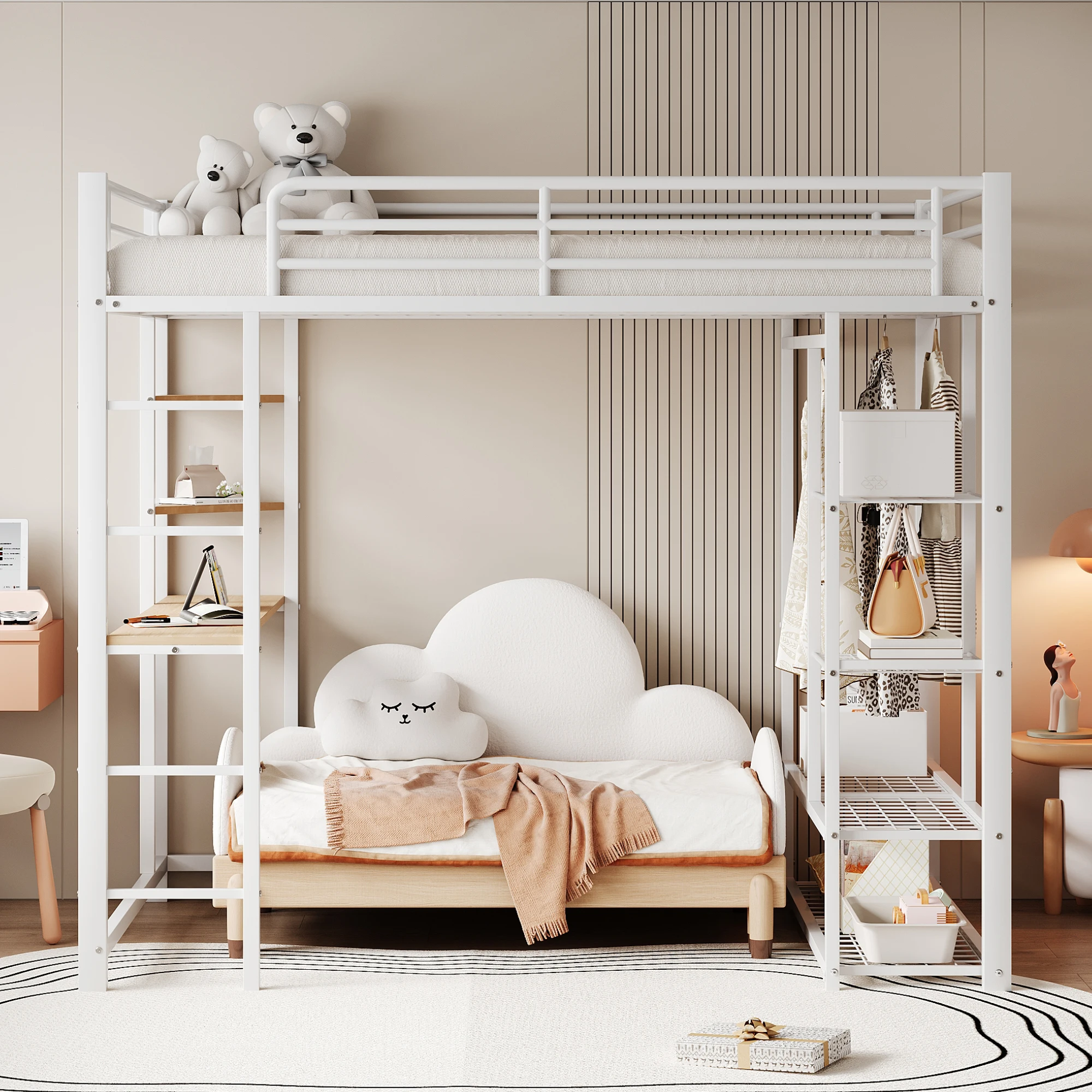 KOMHTOM Metall Hochbett mit Leiter Juniorbett Doppelbett inklusive Tisch mit einfachen Kleiderbügeln und Ablagefächern Image