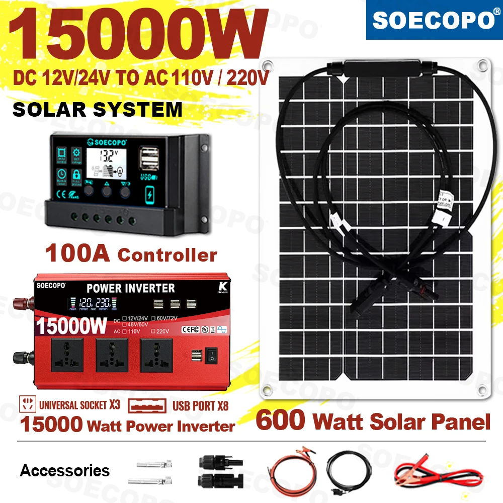 SOECOPO 15000W Komplettes Off-Grid Solar-Kit 220V/110V Wechselrichter (1400W Nennleistung) | Flexibles Solar | 100A-Controller für Wohnmobil/Boot/Haus Image