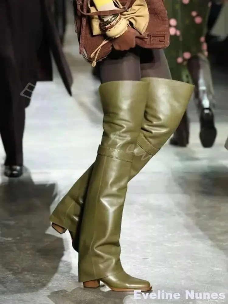 Retro-Laufsteg-Overknee-Stiefel für Damen, runde Zehenpartie, klobiger Absatz, Slip-On, solide lange Stiefel, 2026, modischer großer Ritterstiefel, Größe 35–46