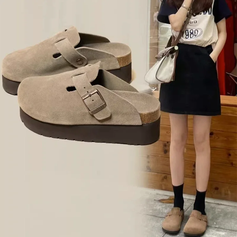 Frauen Wildleder Maultiere Hausschuhe Plattform Wohnungen Boston Clogs Sandalen Fashion Outdoor Slip Auf Strand Alias zapatillas mujer Image