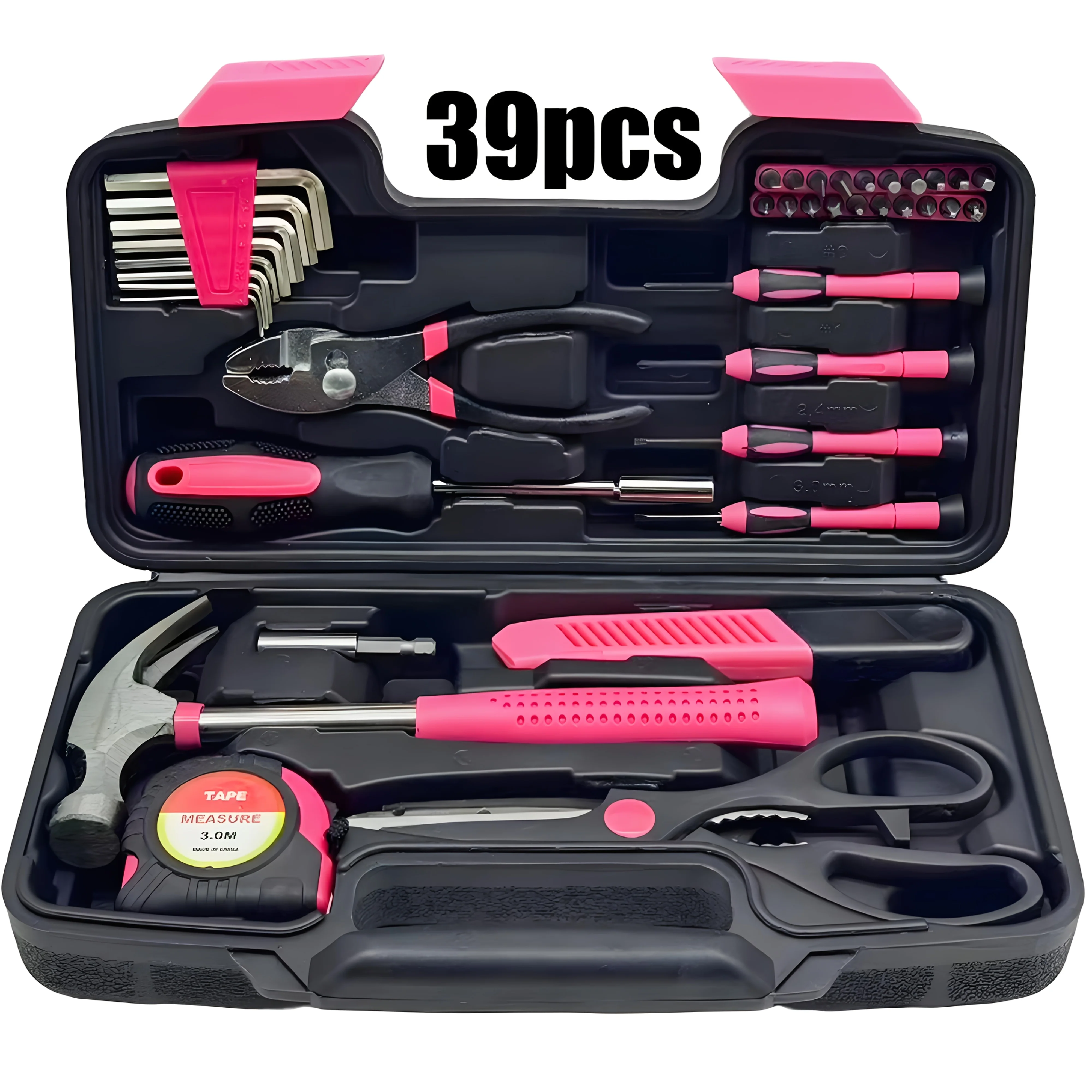 Ensemble d'outils rose de 39 pièces, ensemble d'outils de réparation automobile, kit d'outils à main pour la maison, la voiture, le garage, kits d'outils de réparation manuels