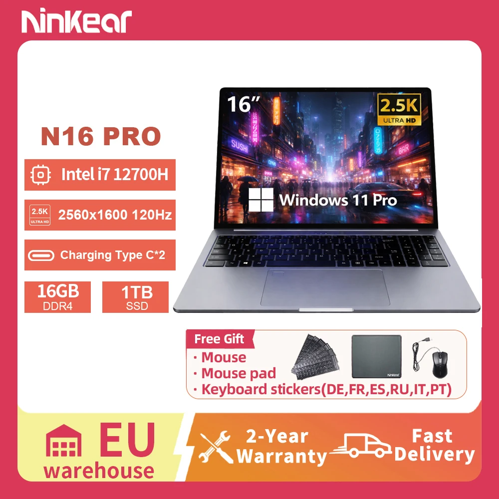 PC Portable Ninkear N16 Pro 16 Pouces Écran 2.5K 120Hz Intel Core i7-12700H 16GB RAM 1TB SSD WiFi 6 Windows 11 Pro Ordinateur Portable Gaming pour Bureau Étudiant Multimédia