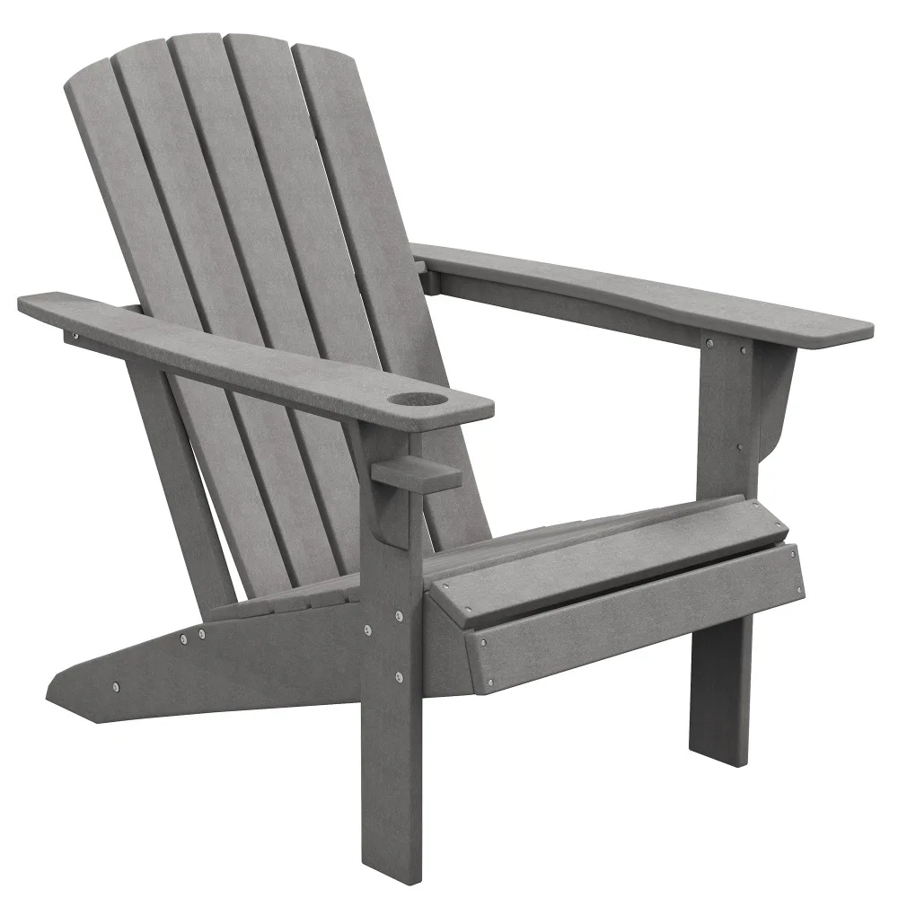 Chaise de jardin Adirondack avec porte-gobelet, banc de jardin en plastique, gris, 75 x 87 x 90 cm, idéal pour le mobilier de jardin et de balcon