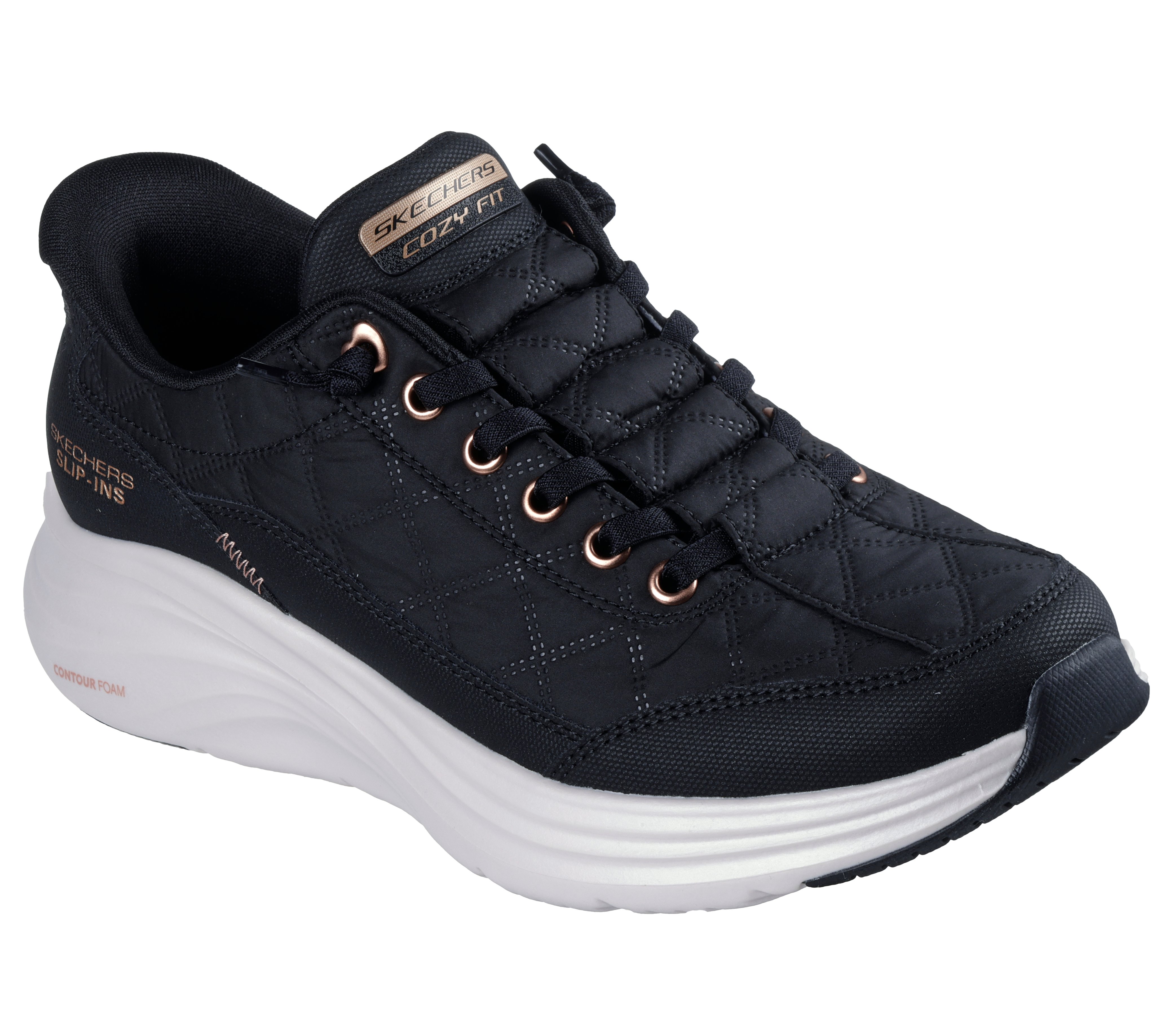 Slip-On Sneaker SKECHERS "CONTOUR FOAM-GOLDEN HOUR", Damen, Gr. 42, schwarz, Leder, Lederimitat, Mesh, gesteppt, Schuhe, Slipper, Freizeitschuh, Schlupfschuh mit Slip-Ins Funktion