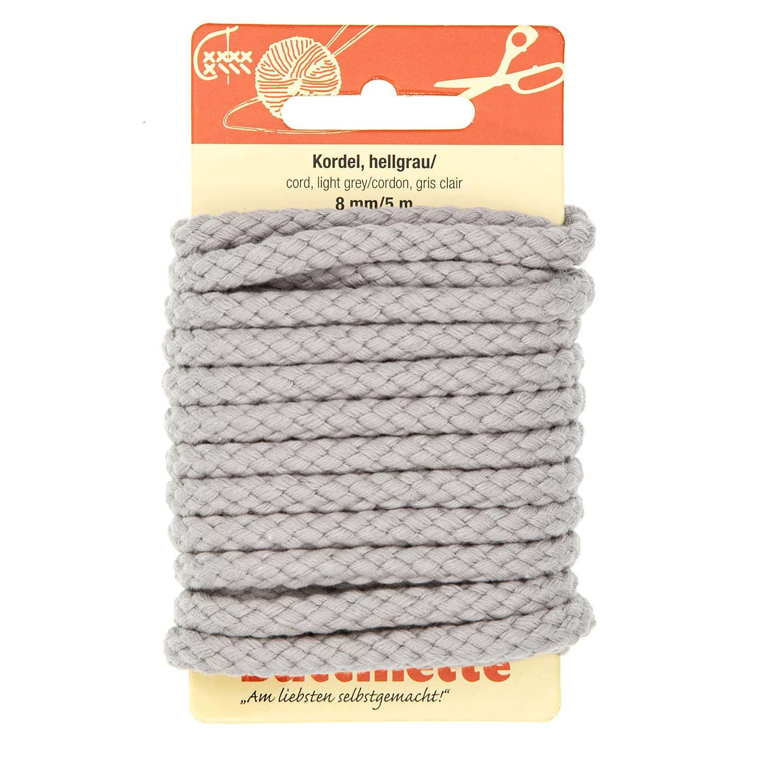 buttinette Baumwoll-Kordel für Bekleidung, hellgrau, 8 mm Ø, Länge: 5 m