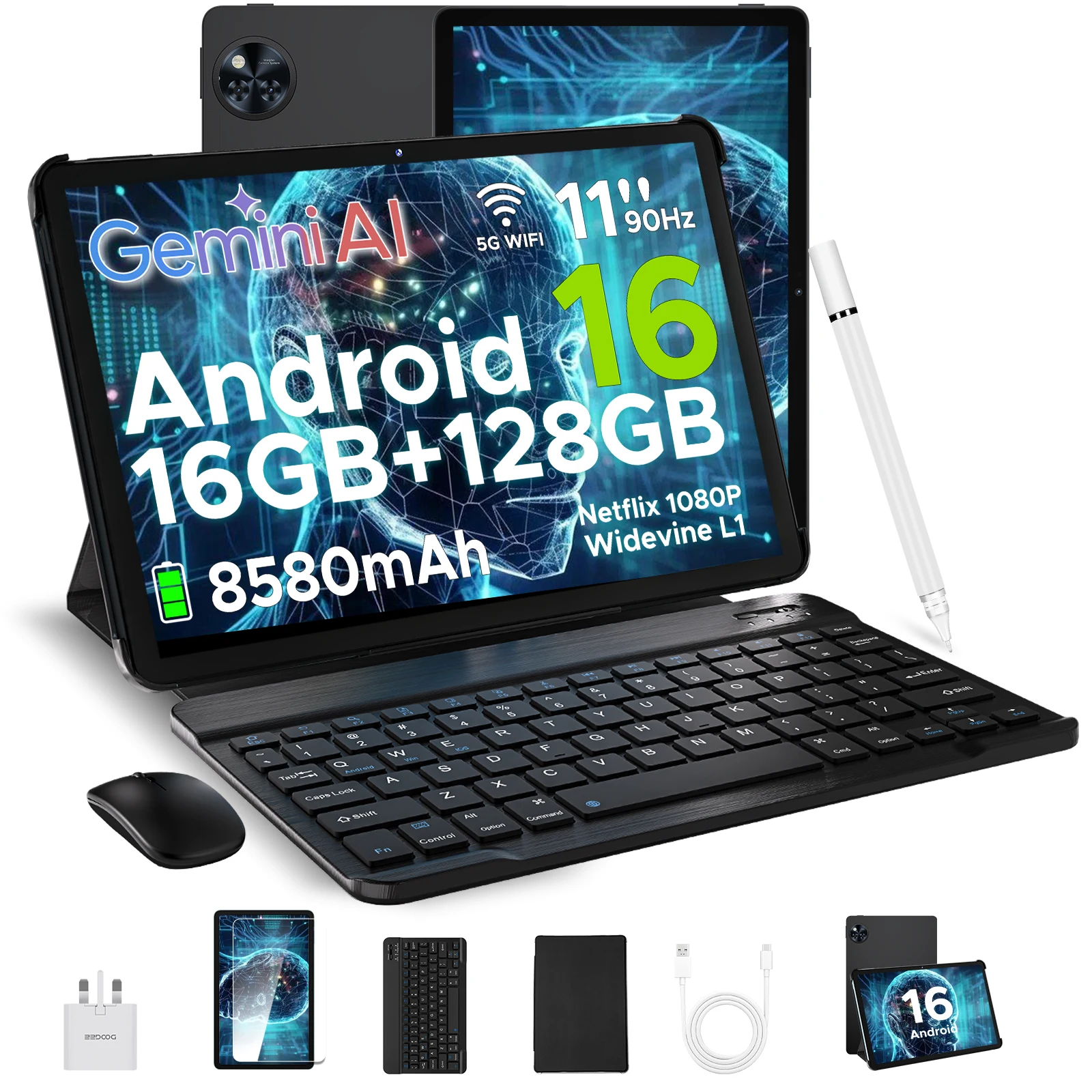 DOOGEE U11 Android 16 Tablet 11 Inch, Gemini AI Android Tablets 16GB RAM 128GB ROM 8580mAh Battery, Tablet with Keyboard&Pen