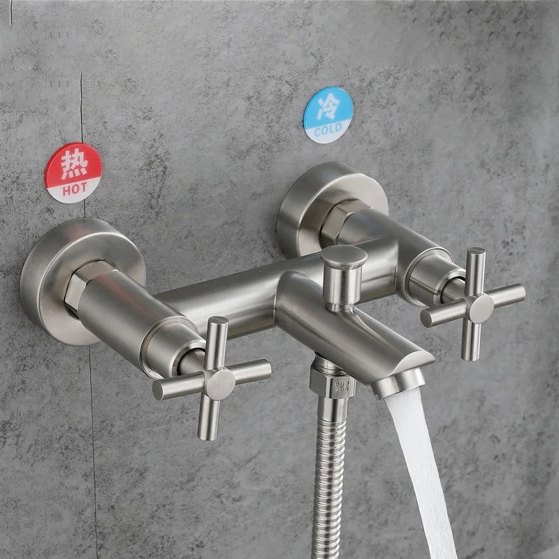 Rubinetto per doccia da bagno Rubinetto per vasca triplo in acciaio inossidabile Doppia maniglia a croce Rubinetto per ugello con valvola miscelatrice calda fredda a doppio controllo