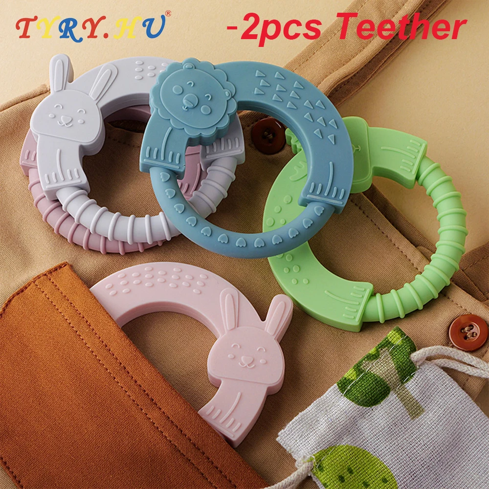 2PC Silicone Teether Baby Animal Shape Ring Kid Gift Food Grade Organic Silicone Children Goods Kid Teething Toys Chew Tool