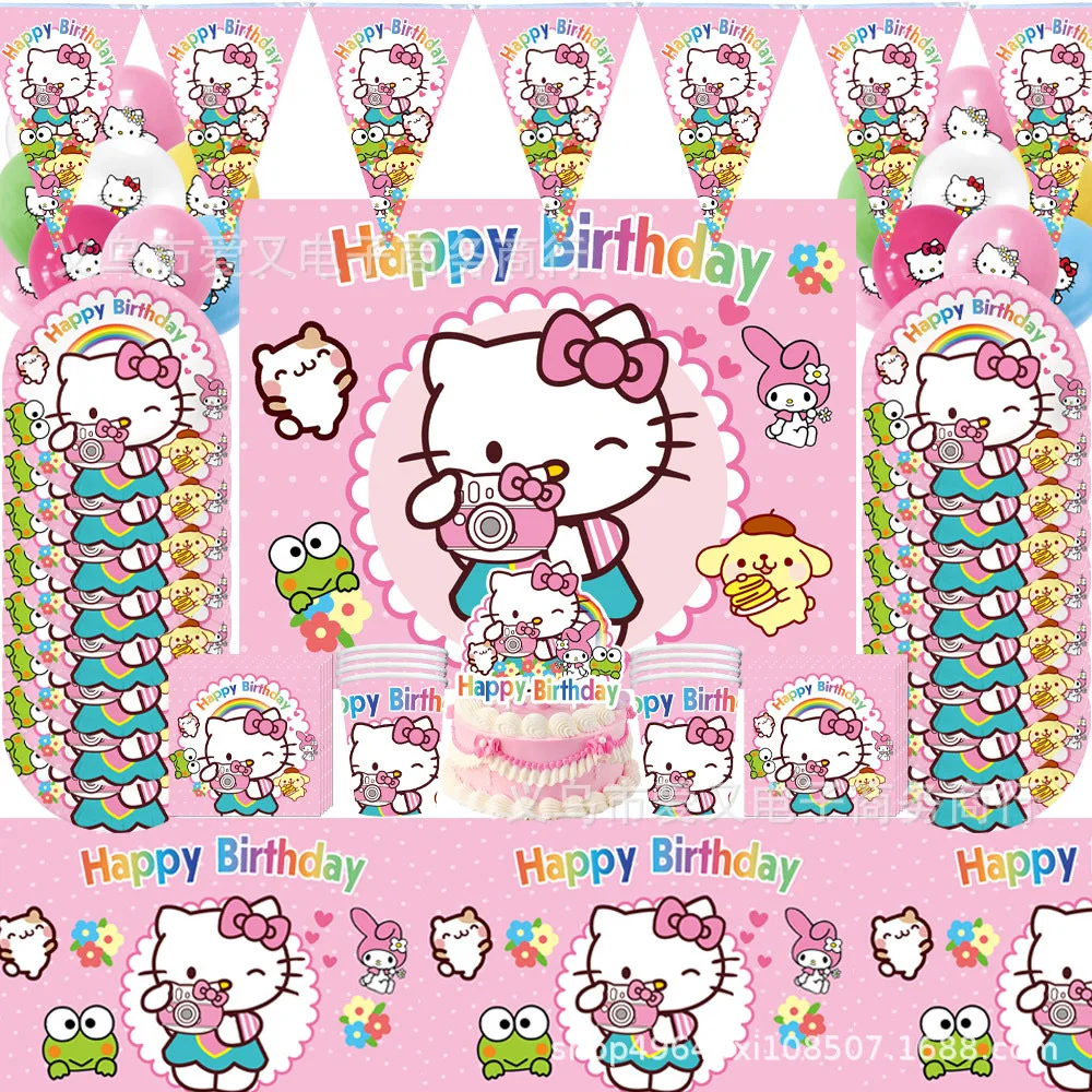 Hello Kitty Geburtstagsdekoration, rosa Hello Kitty Katze, Einweg-Partyteller, Tischdecke, Papierhandtücher, Mädchen-Babypartyzubehör