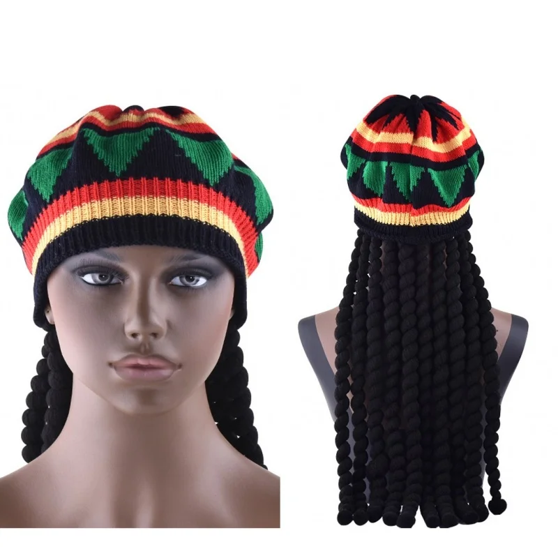 Afrikanische Dreadlocks-Perücken, gestrickte Mütze, Jamaikanische Bob-Rasta-Beanie-Kappen, Hip-Hop-Tanz-Perückenkappe, ausgefallene karibische Verkleidungs-Kopfbedeckung