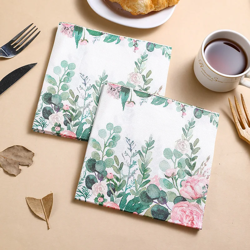 20 Stück 33*33cm 2-lagige rosa Rosen-Pfingstrosen-bedruckte Servietten Eukalyptusblatt Einweg-Tischunterlage DIY Decoupage-Papier Image