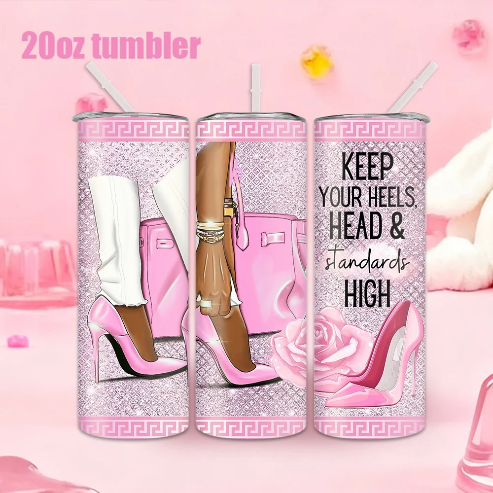 1 Stück 20oz Trinkflasche mit Strohhalm, isolierter Edelstahl-Wasserbecher mit rosa High-Heels- und Handtaschenmuster. Image