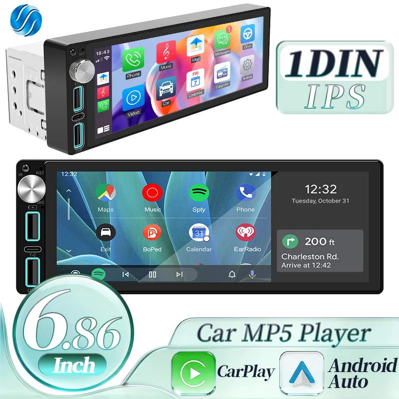 HIPPCRON Autoradio 6,86 Zoll Carplay Android Auto 1Din Autoradio Multimedia-Player mit BT FM USB Typ-C Ladefunktion MP5-Player Image