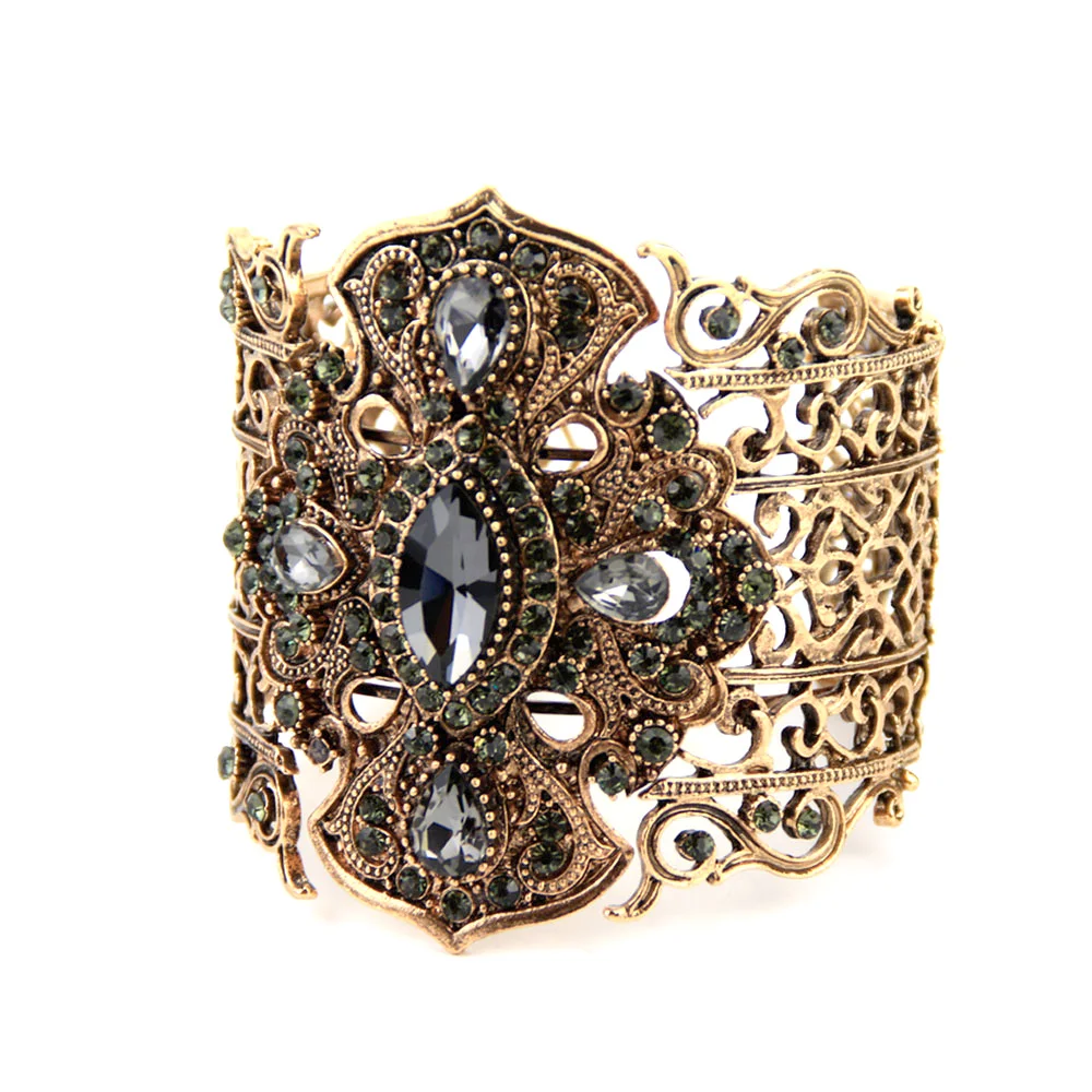 Sunspicems Vintage Türkei Armreif Große Frauen Manschette Armband Retro Gold Farbe Grau Kristall Böhmen Hochzeit Schmuck Geschenk
