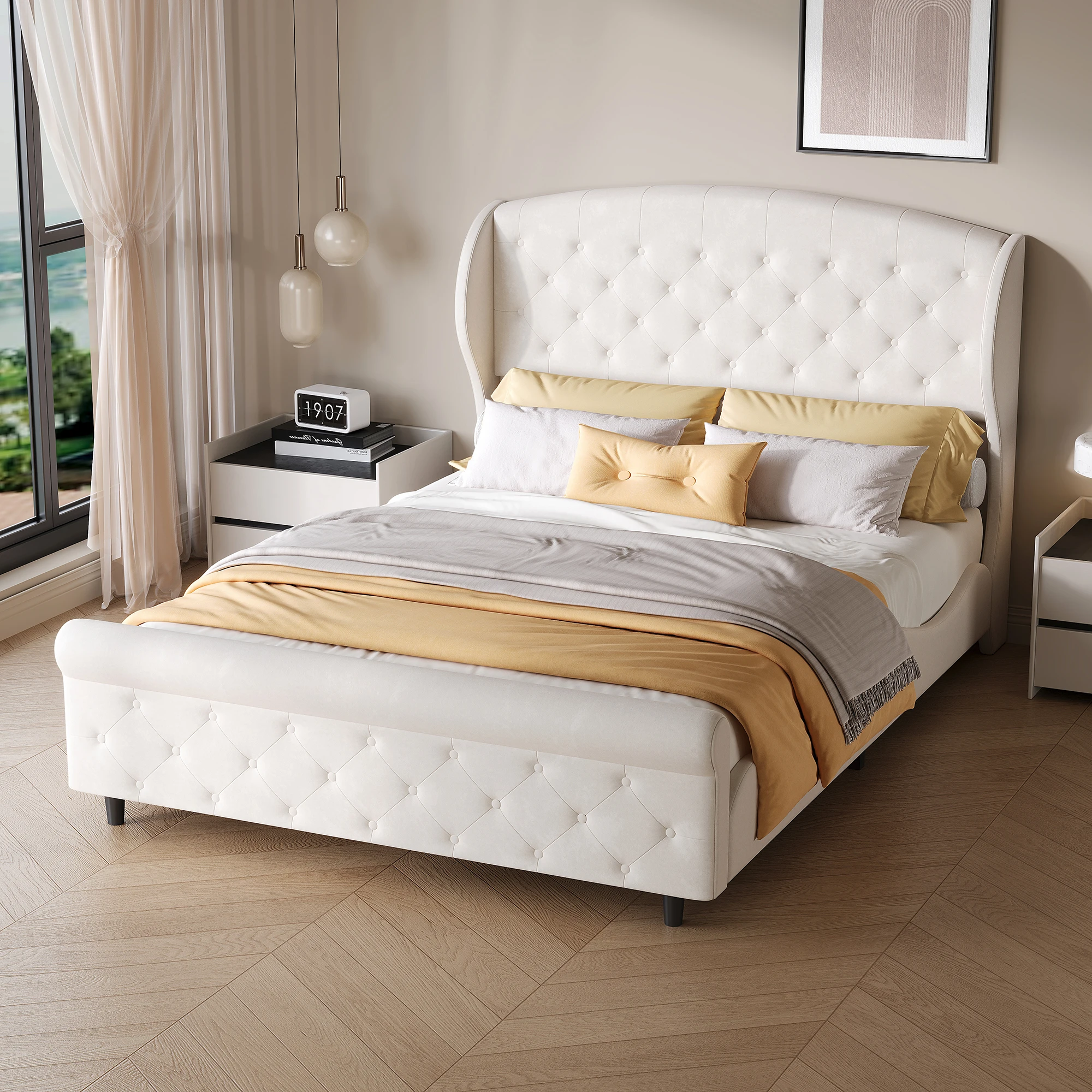 Comanlai 140 x 200 cm großes Doppelbett, gepolstertes Bett, Bett für Erwachsene, Kopfteil mit Knopfheftung, Jugendbettgestell, Schlittenbett in Off-White Image