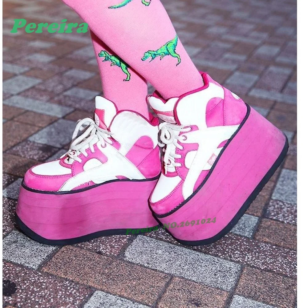 Rosa Patchwork Plattform Gothic Stiefeletten Runde Zehen Höhe zunehmende Schnürstiefel Damen Spleißen Winter Y2K Schuhe lässig