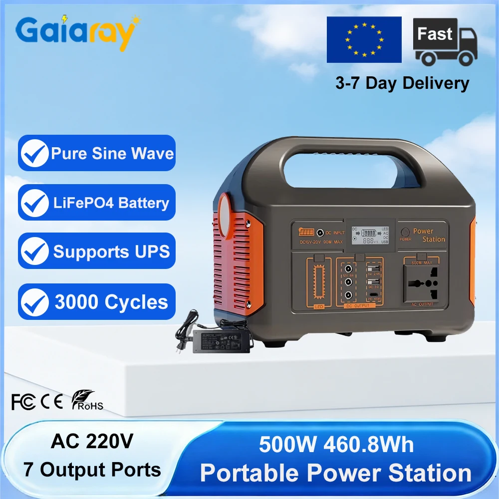 Générateur solaire portable Gaiaray 500W, station d'alimentation 460.8Wh avec batterie LiFePO4, onduleur 220V AC à onde sinusoïdale pure, station de charge, prise en charge de la charge rapide,