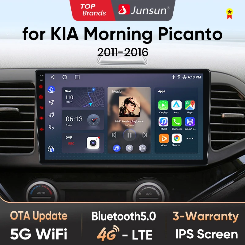 Junsun AI 4G LTE Kabelloses CarPlay Android Auto Autoradio für KIA Morning Picanto 2011 2012 2013 2014-2016 GPS Navi BT DSP RDS FM Image