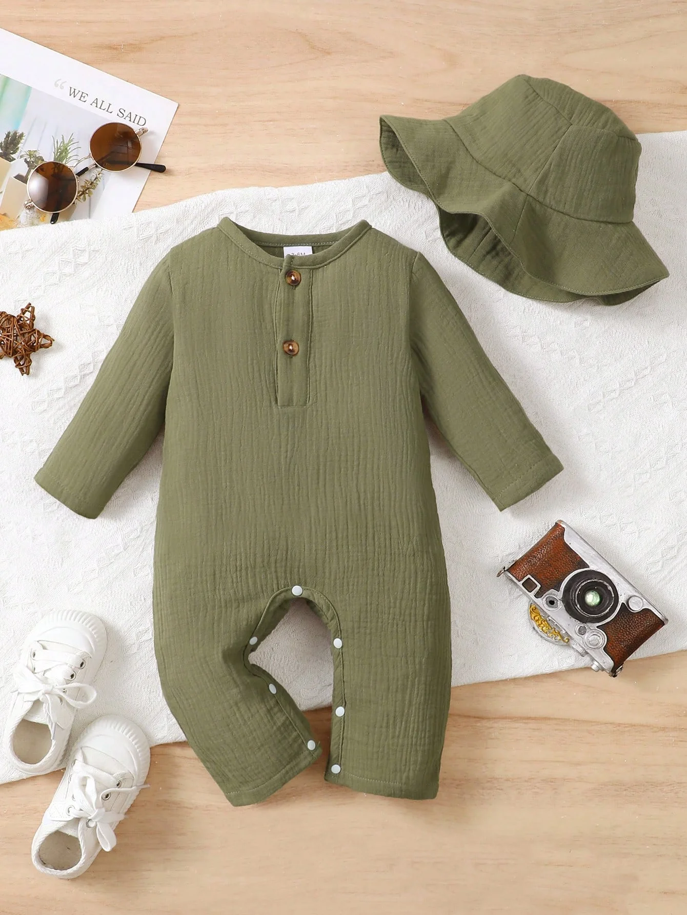 2-teiliges Set für Neugeborene, Jungen, aus reiner Baumwolle, langärmeliger Overall + Mütze, für 0–18 Monate alte Jungen, Frühlings- und Herbst-Overall Image