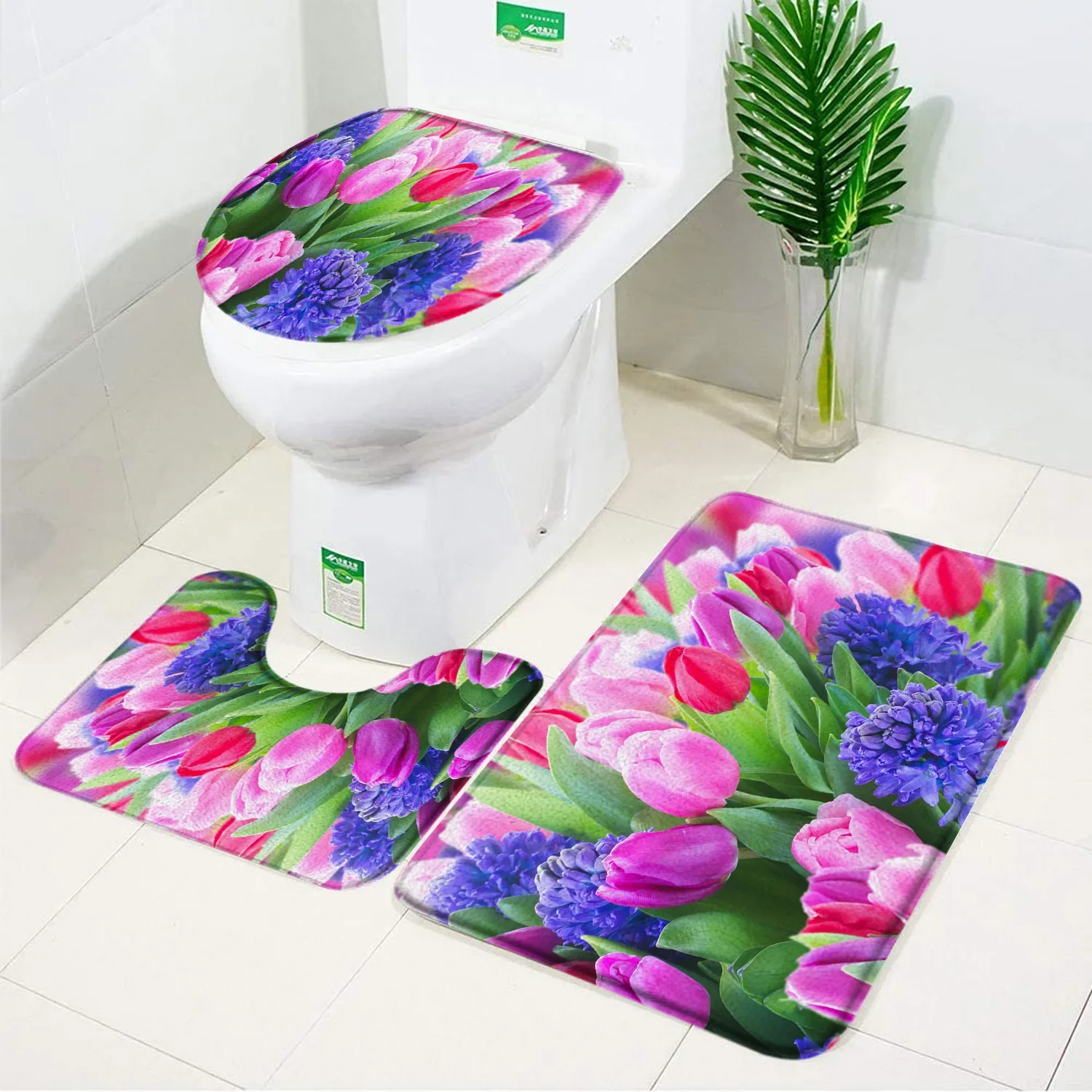 Blumen-Badematten-Set, frische Blumen, Felder und Gärten, Pflanze, rutschfester Toilettendeckel, Fußteppich, Bodenmatte, Teppich, Badezimmer-Zubehör-Set Image